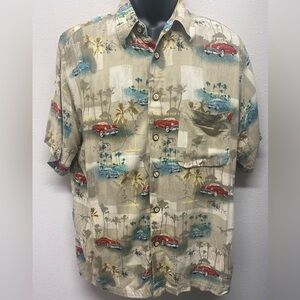 M.E. Sport Hawaiian Antique Car Shirt 100% Rayon Large Palm Tree